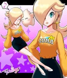  1girl absurdres blonde_hair blush closed_eyes hand_on_own_hip high_heels highres luma_(mario) mario_(series) musical_note nail_polish nintendo rosalina signature skirt smile super_mario_galaxy ty_wilgs  rating:General score:8 user:Hatrade
