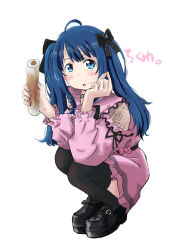  1girl absurdres ahoge alternate_costume black_bow black_bowtie black_footwear black_thighhighs blue_eyes blue_hair bow bowtie chikuwa commentary_request dress food frilled_dress frills highres long_hair make_heroine_ga_oo_sugiru! maruyo pink_dress simple_background solo squatting thighhighs white_background yanami_anna 
