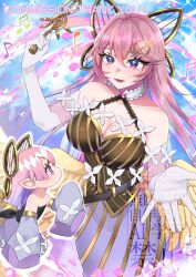 2girls bare_shoulders breasts brown_dress chibi cleavage collarbone commentary commission dosolfachord_coolia dress duel_monster fairy feathered_wings feathers gloves gransolfachord_coolia hair_between_eyes highres holding holding_wand large_breasts long_sleeves looking_at_another multiple_girls musical_note musical_staff open_mouth pink_eyes pink_hair pinyata_(pinyaland) pointy_ears smile strapless strapless_dress wand watermark white_gloves wide_sleeves wings yu-gi-oh! 