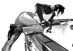  1boy alternate_costume ass ass_focus cue_stick genshin_impact greyscale hamtaru542899 leaning_forward monochrome mors_gn pool_table solo solo_focus table tartali.club white_background zhongli_(genshin_impact)  rating:General score:1 user:Dwan2227
