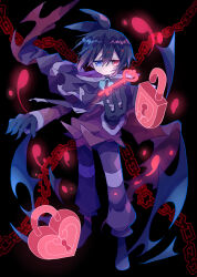  1boy absurdres black_background black_cape black_hair black_pants black_sig black_skin blue_eyes cape chain colored_eyelashes colored_skin commentary_request expressionless full_body futaba969649 hair_between_eyes heart-shaped_lock heterochromia highres key large_hands lock long_sleeves looking_at_viewer male_focus official_alternate_costume oversized_limbs pants ponytail purple_shirt puyopuyo puyopuyo_quest red_eyes shirt short_hair sig_(puyopuyo) simple_background solo torn_cape torn_clothes 