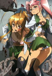 2girls :o absurdres antenna_hair ass back black_socks black_thighhighs blood blood_splatter blue_bra blue_panties blush bra breasts cleavage clenched_teeth colored_skin covered_erect_nipples from_above glasses grey_skin hair_between_eyes hair_ribbon highres highschool_of_the_dead imminent_rape kneehighs kneepits large_breasts lingerie long_hair long_sleeves looking_at_viewer looking_back lying marufuji_hirotaka miniskirt miyamoto_rei multiple_girls navel nyantype off_shoulder official_art on_stomach open_clothes open_mouth open_shirt orange_eyes orange_hair panties pink_bra pink_hair pink_panties pleated_skirt ponytail pov red_eyes ribbon satou_shouji scan school_uniform serafuku sexually_suggestive shadow shirt short_ponytail sitting skirt socks striped_clothes striped_panties sweat takagi_saya tears teeth thighhighs torn_clothes torn_legwear torn_shirt torn_skirt twintails underwear white_legwear white_panties zombie rating:Questionable score:110 user:danbooru
