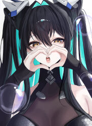  1girl absurdres aqua_hair bare_shoulders black_bodysuit black_hair blue_hair bodysuit breasts cleavage colored_inner_hair gloves goddess_of_victory:_nikke hair_intakes highres large_breasts little_mermaid_(nikke) long_hair looking_at_viewer multicolored_hair see-through_clothes solo twintails user_ckpu3434 very_long_hair yellow_eyes  rating:Sensitive score:0 user:danbooru