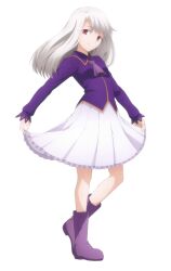  1girl absurdres boots clothes_lift dress fate/stay_night fate/stay_night_heaven&#039;s_feel fate_(series) highres holding_cloth illyasviel_von_einzbern long_hair long_sleeves looking_at_viewer necktie official_art purple_boots purple_dress purple_necktie purple_shirt red_eyes shirt skirt skirt_lift smile solo ufotable white_background white_hair white_skirt 