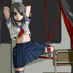  1girl arms_behind_back arms_behind_head arms_up bdsm black_hair bondage bound chair chiisan come_hither female_focus grey_eyes happy indoors looking_at_viewer lowres midriff navel pleated_skirt school_uniform serafuku short_sleeves skirt smile solo spread_legs standing standing_on_one_leg thighhighs twintails zettai_ryouiki  rating:Questionable score:33 user:danbooru