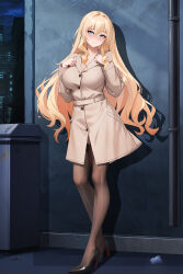  1girl black_thighhighs blonde_hair blue_eyes breasts brown_coat coat hair_between_eyes high_heels highres large_breasts lion_(warship_girls_r) long_hair long_sleeves navel sex_toy solo standing thighhighs very_long_hair vibrator vibrator_cord vibrator_in_thighhighs warship_girls_r xnnagu 
