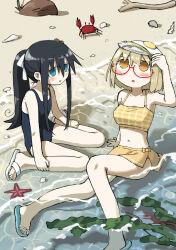 2girls beach bikini bikini_skirt black_hair blonde_hair blue_eyes blue_one-piece_swimsuit blush bob_cut coconut crab egg fish food food_on_head fried_egg glasses hair_ornament hair_ribbon highres long_hair long_sidelocks multiple_girls mushroom object_on_head ocean one-piece_swimsuit open-toe_shoes open_mouth orange_eyes outdoors partially_submerged ponytail red-framed_eyewear ribbon sandals school_swimsuit seaweed shimeji_(mushroom) shimeji_simulation short_hair swimsuit tsukishima_shijima tsukumizu_yuu very_long_sidelocks yamashita_majime yellow_swimsuit