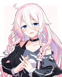  1girl ahoge akatuki_no_you black_sleeves black_tank_top black_undershirt blue_eyes blush border braid collared_shirt commentary_request detached_sleeves flat_chest hair_between_eyes highres ia_(vocaloid) interlocked_fingers long_bangs long_hair looking_at_viewer low_twin_braids open_mouth outside_border own_hands_together pink_border shirt single_bare_shoulder solo tank_top twin_braids upper_body vocaloid white_border white_hair 