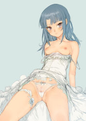  1girl absurdres alice_gear_aegis arm_support bare_shoulders blue_background blue_hair blush bow bow_panties branch_(blackrabbits) breasts clothes_down clothes_lift covered_erect_nipples dress dress_lift feet_out_of_frame grey_eyes highres long_hair looking_at_viewer nipples panties pussy see-through_clothes see-through_panties simple_background sitting sketch small_breasts solo takanashi_rei thigh_strap underwear white_dress white_panties 