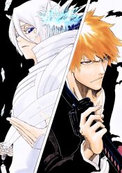  1boy 1girl alpen_no_koyari bankai black_background black_vs_white bleach bleach:_sennen_kessen-hen blue_eyes brown_eyes closed_mouth colored_eyelashes commentary_request cracked_skin double-parted_bangs dress eyebrows_hidden_by_hair eyelashes fighting_stance frown hair_between_eyes hair_ornament hakka_no_togame_(bankai) hand_up highres holding holding_sword holding_weapon ice kanzashi katana kubo_tite_(style) kuchiki_rukia kurosaki_ichigo long_sleeves looking_at_viewer nose official_alternate_costume official_style orange_hair over_shoulder serious shihakusho short_hair simple_background spiked_hair sword sword_over_shoulder tensa_zangetsu_(bankai) tsurime upper_body upturned_eyes weapon weapon_over_shoulder white_background white_dress white_eyelashes 