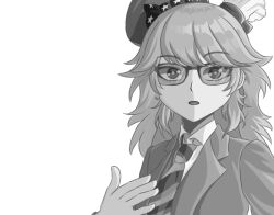  1girl alternate_costume business_suit collared_shirt earrings formal_clothes greyscale hat hololive hololive_english i&#039;m_stuff_(meme) jacket jewelry long_hair looking_at_viewer meme monochrome necktie open_mouth real_life robert_downey_jr. shirt simple_background solo suit suit_jacket sunglasses takanashi_kiara upper_body virtual_youtuber white_background zetxune 