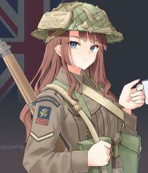  1girl absurdres ammunition_pouch artist_name belt blonde_hair bolt_action breast_pocket british_army brodie_helmet brown_hair brown_jacket combat_helmet commentary cup first_aid_kit flag_background green_belt green_hat gun gun_sling hat helmet highres holding holding_cup holding_gun holding_weapon invasion_of_normandy jacket lee-enfield leochan1202 long_hair looking_at_viewer military military_combat_uniform military_rank_insignia military_uniform original patch pocket pouch rifle shoulder_patch sidelocks solo union_jack unit_patch upper_body weapon world_war_ii 