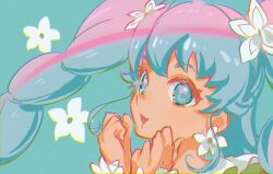  1girl aqua_background blue_eyes blue_hair bracelet cure_princess cure_princess_(macadamia_hula_dance) dress earrings eyelashes flower flower_bracelet flower_earrings frilled_dress frills green_dress hair_flower hair_ornament hands_on_own_cheeks hands_on_own_face happinesscharge_precure! jewelry long_hair looking_ahead magical_girl multi-tied_hair official_alternate_costume open_mouth precure shipu_(gassyumaron) shirayuki_hime simple_background smile solo tareme twintails upper_body white_flower 