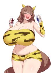  1girl absurdres alternate_costume animal_ears animal_print arm_warmers bare_shoulders bikini bikini_shorts blush breasts brown_hair cleavage closed_eyes collarbone commentary_request cowboy_shot curvy drunk ear_ornament fake_horns gigantic_breasts groin hair_ornament hairclip hands_up highres holding holding_juice_box horns horse_ears horse_girl horse_tail huge_breasts light_hello_(umamusume) long_hair midriff navel noe_(ppppriver) oni_costume open_mouth plump shorts simple_background smile solo swimsuit tail thick_thighs thighs tiger_print translation_request umamusume white_background wide_hips 