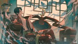  1boy arm_rest bird black_hair branch closed_mouth couch crescent feet_out_of_frame floral_print floral_print_kimono from_side glasses green_sash highres holding holding_smoking_pipe indoors japanese_clothes kimono kiseru lamp lattice light_particles long_sleeves looking_ahead male_focus open_clothes open_kimono print_kimono profile red_kimono round_window sash short_hair single_bare_shoulder sitting smoke smoking_pipe solo tanling watanuki_kimihiro window xxxholic yellow_eyes 