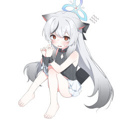  1girl absurdres animal_ear_fluff animal_ears bare_shoulders barefoot black_dress black_hair blue_archive blue_halo blush bound bound_wrists china_dress chinese_clothes commentary_request diamond_cutout dress frilled_skirt frills gradient_hair grey_hair halo highres kokona_(blue_archive) korean_commentary long_hair looking_at_viewer midriff_peek multicolored_hair nervous open_mouth orange_eyes skirt solo striped_clothes striped_dress sweatdrop tiger_ears tiger_girl ugaaaa1 vertical-striped_clothes vertical-striped_dress very_long_hair white_background white_skirt 