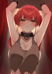  1girl armpits arms_up blurry blurry_background blush bound bound_wrists breasts brown_tank_top chimhe88 cleavage collar commentary commentary_request furrowed_brow hair_between_eyes heterochromia highres hololive houshou_marine large_breasts long_hair looking_at_viewer metal_collar parted_lips red_eyes red_hair restrained shirt sideboob solo stocks sweat tank_top teeth torn_clothes torn_shirt twintails upper_body virtual_youtuber yellow_eyes 