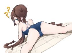  1girl ? ?? bare_legs bare_shoulders blue_eyes blue_one-piece_swimsuit breasts brown_hair double_bun grimmelsdathird hair_bun highres large_breasts long_hair looking_at_viewer nintendo one-piece_swimsuit pokemon pokemon_bw2 rosa_(pokemon) simple_background solo swimsuit tile_floor tiles white_background 