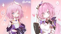  2girls ;o absurdres bare_shoulders blue_eyes breasts chinese_commentary cleavage coat collarbone color_connection commentary_request company_connection corset cyrene_(honkai:_star_rail) dress elf elysia_(honkai_impact) elysia_(miss_pink_elf)_(honkai_impact) gradient_background hair_color_connection hair_ornament heart highres honkai:_star_rail honkai_(series) honkai_impact_3rd inoue_marina jewelry large_breasts long_hair mo_2 multicolored_hair multiple_girls musical_note necklace one_eye_closed pink_background pink_hair pink_pupils pointy_ears purple_coat shrug_(clothing) small_breasts smile two-tone_hair upper_body voice_actor_connection white_corset white_dress white_hair yanning 