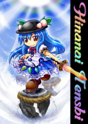  1girl black_hat blue_hair blue_sky bow brown_shoes character_name chibi food frilled_skirt frills fruit gem hat hat_ornament hinanawi_tenshi holding holding_sword holding_weapon kaname-ishi leaf_hat_ornament long_hair looking_at_viewer mail_(mail_gell) peach peach_hat_ornament puffy_short_sleeves puffy_sleeves rainbow_order red_bow red_eyes shoes short_sleeves skirt sky smile solo sunlight sword sword_of_hisou touhou weapon 