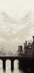  artist_name bridge casver_w cityscape cloud cloudy_sky commentary creature english_commentary flying highres industrial_pipe limited_palette no_humans outdoors overgrown rain_world rust scenery signature sky slugcat small_moth_(rain_world) watcher_(rain_world) water_tank 