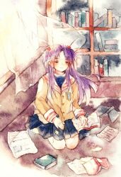 1girl at-sakura blue_skirt book bookshelf clannad closed_eyes closed_mouth highres ichinose_kotomi library purple_hair school_uniform serafuku shirt skirt solo traditional_media yellow_shirt