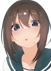  1girl alternate_hairstyle blue_eyes blue_sailor_collar blush brown_hair fubuki_(kancolle) hair_between_eyes hair_down highres kantai_collection looking_at_viewer parted_lips portrait sailor_collar sakiecho school_uniform serafuku simple_background solo sweat white_background  rating:General score:10 user:danbooru