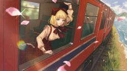  1girl akai_haato arm_up blonde_hair blue_eyes blue_sky blunt_bangs bob_cut bow bowtie center_frills closed_mouth cloud commentary_request copyright_notice day falling_petals frilled_shirt frilled_skirt frills grey_shirt hair_bow highres hololive kotobuki_nashiko long_sleeves looking_at_viewer official_art petals plaid_clothes plaid_skirt puffy_long_sleeves puffy_sleeves red_bow red_bowtie red_skirt shirt short_hair skirt sky smile solo suitcase suspender_skirt suspenders train train_interior virtual_youtuber 