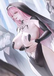  4girls absurdres arm_under_breasts black_dress black_shrug blurry blurry_foreground breasts chinese_commentary coif cross dress glasses heart_pasties highres huge_breasts jewelry livestream long_hair multiple_girls navel nun original own_hands_clasped own_hands_together pasties persimmonszzz pink_eyes pink_hair pink_lips shrug_(clothing) smile solo_focus teeth thighs 