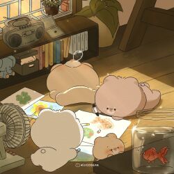  5others animal artist_name bear book bookshelf boombox cd_case chibi crayon drawing_(action) electric_fan fish goldfish highres holding holding_crayon indoors jar kocobear light_rays lying multiple_others no_humans nose_bubble original plant potted_plant sleeping smile solid_circle_eyes stuffed_animal stuffed_toy window 