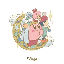  2girls artist_request beret black_hair blue_eyes blue_socks blush blush_stickers bow closed_mouth cloud crescent crystal dress fairy_wings flying from_side green_shirt hair_bow hat kirby kirby_(series) kirby_64 long_sleeves multiple_girls nintendo official_art open_mouth own_hands_together pink_hair red_bow red_dress red_hat red_shoes ribbon_(kirby) second-party_source shirt shoes short_hair smile socks standing star_(symbol) transparent_background virgo_(zodiac) white_headdress wings zodiac 
