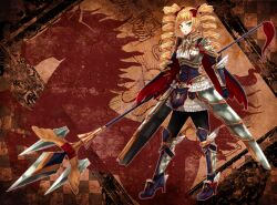  1girl arm_armor armor ascot blonde_hair blue_eyes blunt_bangs bow breastplate cape clarissa_rossi-stuart commentary_request drill_hair frilled_skirt frills greaves high_heels holding holding_polearm holding_weapon huge_weapon jitome long_hair original orimoto_asami pantyhose pauldrons polearm red_bow shoulder_armor skirt solo standing taiyo_to_tsuki_no_seiyaku tassets trident twin_drills weapon 