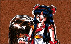  1990s_(style) 1girl ainu_clothes blue_hair blush breasts brown_eyes clenched_hand fingerless_gloves gloves long_hair looking_at_viewer mamahaha nakoruru open_mouth pc98 retro_artstyle samurai_spirits small_breasts smile the_king_of_fighters tongue traditional_media very_long_hair 