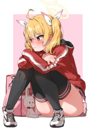  1girl absurdres ahoge ass bag black_thighhighs blonde_hair blue_archive blush closed_mouth commentary_request embarrassed frown full_body halo hatohane_(tonnkotubird) highres hood hoodie hugging_own_legs knees_together_feet_apart knees_up looking_to_the_side medium_hair miniskirt outside_border pigeon-toed pink_background pink_bag pink_skirt pleated_skirt red_hoodie school_bag shoes sitting skirt sneakers solo stuffed_animal stuffed_rabbit stuffed_toy thighhighs thighs twintails white_shoes yellow_eyes yoshimi_(blue_archive) 