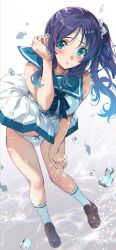1girl air_bubble blue_bow blue_bowtie blue_eyes blue_hair blue_ribbon blue_sailor_collar blush bow bow_panties bowtie breasts brown_footwear bubble caustics commentary_request dress fish full_body hair_ribbon hand_on_own_thigh hand_up highres hiradaira_chisaki kneehighs large_breasts leaning_forward loafers long_hair looking_at_viewer nagayori nagi_no_asukara nami_junior_high_school_uniform panties parted_lips pleated_dress ribbon sailor_collar sailor_dress school_uniform shirt shoes side_ponytail sidelocks sleeveless sleeveless_dress sleeveless_shirt socks teeth underwater underwear white_dress white_panties white_socks rating:Sensitive score:20 user:danbooru