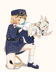  2girls :3 :d absurdres animal_ear_fluff animal_ears bandaid bandaid_on_knee bandaid_on_leg bare_arms belt belt_pouch black_shoes blonde_hair blue_eyes blue_hair blue_sailor_collar blunt_bangs bow cat_ears commentary dooby_(vtuber) dress english_commentary fangs fins fish_tail gloves green_eyes groping_motion hair_bow hat highres holding holding_mini_person indie_virtual_youtuber innertube_hair_ornament jerboa_tail laser_cats_(meme) long_hair low_twintails mary_janes meme mini_person minigirl multicolored_hair multiple_girls on_one_knee one_side_up open_mouth pouch sailor_collar sailor_dress sameko_saba sandals scrunchie senotori shoes short_hair simple_background size_difference sleeveless sleeveless_dress smile socks streaked_hair tail twintails two-tone_hair virtual_youtuber white_background white_dress white_gloves white_socks wrist_scrunchie wristband 