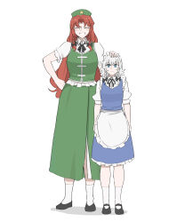  2girls :| ^_^ absurdres apron beret black_bow black_ribbon black_shoes blue_eyes blue_skirt blue_vest bow braid closed_eyes closed_mouth collared_shirt commentary english_commentary expressionless facing_viewer green_hat green_skirt green_vest grin hair_bow hand_on_another&#039;s_head hat height_difference highres hong_meiling izayoi_sakuya long_hair looking_at_viewer mata_(matasoup) medium_hair multiple_girls neck_ribbon puffy_short_sleeves puffy_sleeves red_hair ribbon shirt shoes short_sleeves side_braids side_slit simple_background skirt smile socks standing tall_female touhou very_long_hair vest white_apron white_background white_hair white_shirt white_socks 