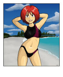  1girl beach bikini blue_sky breasts brown_eyes cloud kuwashima_houko looking_at_viewer lowres navel non-web_source red_hair sand sky solo standing swimsuit tree w.i.t.c.h. will_vandom 