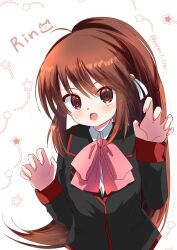  1girl :d ahoge bell black_jacket blush bow bowtie brown_hair character_name claw_pose clip_studio_paint_(medium) collared_shirt commentary_request fang floating_hair hair_bell hair_ornament hair_ribbon hands_up highres jacket jingle_bell little_busters! little_busters!_school_uniform long_hair long_sleeves looking_at_viewer making-of_available natsume_rin open_mouth pink_bow pink_bowtie ponytail red_eyes ribbon school_uniform shirt sidelocks simple_background skin_fang smile solo star_(symbol) twitter_username upper_body very_long_hair white_background white_ribbon white_shirt yaki-ayato 