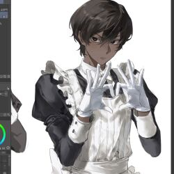 1boy alternate_costume apron arjuna_(fate) art_program_in_frame black_dress black_eyes black_hair collared_dress crossdressing crossdressing_(mtf) dark-skinned_male dark_skin dress enmaided fate/grand_order fate_(series) frilled_apron frills gloves hair_between_eyes heart heart_hands juliet_sleeves long_sleeves looking_at_viewer maid maid_apron male_focus male_maid potato_goril puffy_sleeves short_hair simple_background solo sweatdrop white_apron white_background 