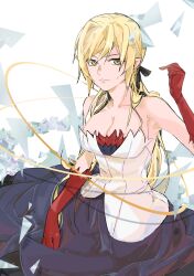  1girl bare_shoulders black_dress black_ribbon blonde_hair breasts cleavage collarbone dress elbow_gloves feather-trimmed_dress feather-trimmed_gloves feather_trim gloves hair_ribbon highres kiss-shot_acerola-orion_heart-under-blade kizumonogatari large_breasts long_hair looking_at_viewer monogatari_(series) oshino_shinobu pointy_ears red_gloves ribbon smile solo strapless strapless_dress usa003uni vampire very_long_hair white_dress yellow_eyes 