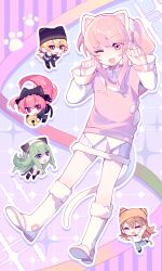  1boy 1other 3girls ;3 ;d ^_^ akiyama_mizuki animal_ear_headphones animal_ears blonde_hair boots brown_hair cat_ear_headphones cat_tail chibi chibi_inset chinese_commentary closed_eyes collared_shirt commentary_request eyes_visible_through_hair fake_animal_ears fake_tail frilled_sleeves frills full_body fur-trimmed_boots fur-trimmed_skirt fur_trim green_hair headphones highres knee_boots layered_sleeves laylayhappy long_hair long_sleeves looking_at_another looking_at_viewer miniskirt multiple_girls official_alternate_costume one_eye_closed open_mouth orange_eyes other_focus outline pale_skin paw_pose pink_eyes pink_hair pink_skirt pink_sweater project_sekai puffy_long_sleeves puffy_sleeves purple_background purple_eyes red_eyes shirt short_over_long_sleeves short_sleeves side_ponytail sidelocks simple_background skirt smile solo_focus sparkle_background standing sweater swept_bangs tail white_boots white_outline white_shirt white_tail you_are_my_hero!!_(project_sekai) 