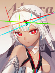  1girl absurdres altera_(fate) bandeau bare_shoulders character_name closed_mouth commentary dark-skinned_female dark_skin detached_sleeves erchongbaojun fate/grand_order fate_(series) highres long_hair looking_at_viewer serious solo white_hair white_sleeves 