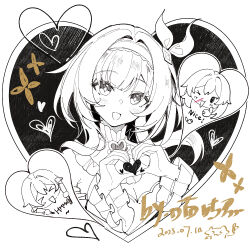  &gt;_&lt; 1boy 2girls blood breasts caelus_(honkai:_star_rail) cleavage cyrene_(honkai:_star_rail) dated dress hairband heart heart_background heart_hands honkai:_star_rail honkai_(series) large_breasts looking_at_viewer medium_hair miaogujun multiple_girls nosebleed open_mouth partially_colored smile stelle_(honkai:_star_rail) thumbs_up trailblazer_(honkai:_star_rail) 