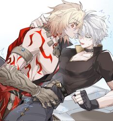  2357439177z 2boys ^^^ arm_around_shoulder armlet black_gloves black_shirt blonde_hair blue_eyes blue_pants body_markings clawed_gauntlets collared_shirt commentary dutch_angle facial_mark feet_out_of_frame fingerless_gloves gloves gradient_hair highres honkai:_star_rail honkai_(series) jewelry leaning leaning_back leaning_forward looking_at_another looking_down male_focus multicolored_hair multiple_boys mydei_(honkai:_star_rail) necklace nervous_sweating pants pectorals phainon_(honkai:_star_rail) popped_collar shirt sidepec single_glove sweat two-sided_shirt v-neck white_background white_hair yaoi 
