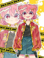 1girl :d black_shirt blush_stickers caution_tape closed_mouth commentary_request cowboy_shot double-parted_bangs green_skirt hair_between_eyes highres jacket long_sleeves looking_at_viewer multiple_views notamaru_2 open_clothes open_jacket open_mouth original outline pink_hair red_eyes red_jacket shirt short_hair skirt smile text_hair_ornament white_outline yellow_background zoom_layer 