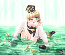 1girl absurdres alternate_color anus arch_bishop_(ragnarok_online) blonde_hair censored crying female_focus green_eyes hat highres ishihara_masumi long_hair one_eye_closed ragnarok_online solo spread_legs water wet wink rating:Explicit score:15 user:danbooru