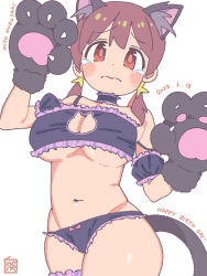  1girl 3: animal_ear_fluff animal_ears animal_hands bare_arms bare_shoulders black_bra black_choker black_gloves black_panties blush_stickers bow bow_panties bra breasts brown_hair cat_cutout cat_ears cat_tail character_name choker cleavage cleavage_cutout clothing_cutout commentary cosplay cowboy_shot dated dot_nose double-parted_bangs embarrassed frilled_bra frilled_choker frilled_panties frills gloves happy_birthday highres large_breasts looking_at_viewer low_twintails multicolored_hair murosaki_miyo navel onii-chan_wa_oshimai! oyama_mahiro oyama_mahiro_(cosplay) panties paw_gloves paw_pose red_eyes red_hair simple_background solo spaghetti_strap stomach strap_slip tail tanpaku_(oqu_2) tearing_up thick_thighs thighs twintails two-tone_hair underboob underwear wavy_mouth white_background 