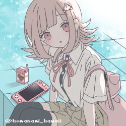  1girl :o animal_bag black_shirt black_thighhighs brown_skirt cat_bag collared_shirt dress_shirt galaga komanami_kawaii medium_hair nanami_chiaki neck_ribbon nintendo_switch no_jacket pink_bag pink_eyes pink_ribbon pleated_skirt ribbon shirt sitting skirt solo spaceship_hair_ornament thighhighs two-tone_shirt white_shirt 