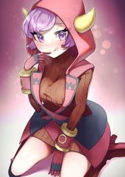  1girl :p blush boots courtney_(pokemon) fake_horns gloves high_heel_boots high_heels highres hood hood_up horns long_sleeves looking_at_viewer nintendo pokemon pokemon_oras purple_eyes purple_hair raised_eyebrows red_gloves red_sweater ribbed_sweater rindoriko seiza short_hair sitting solo sweater team_magma tongue tongue_out  rating:General score:34 user:danbooru